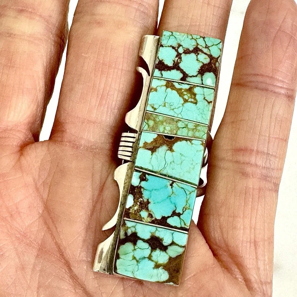 Navajo Long #8 Turquoise Ring Sz 8 Sterling 2 in Signed Steve Francisco Big Rect